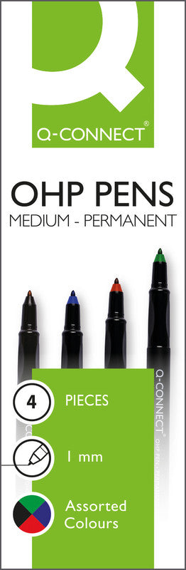 Q-Connect Permanent-Marker für Folien und glatte Oberflächen – rot, blau, grün, schwarz, 4er