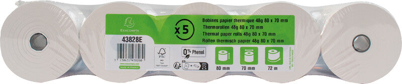 Exacompta Thermorolle 80 × 70 × 12 mm, 72 m, 52 g/m², phenolfrei, weiss
