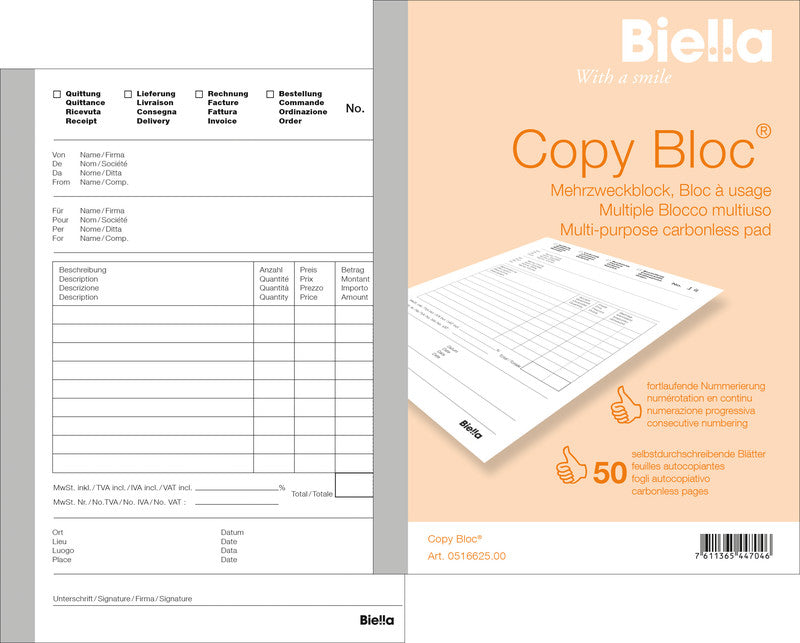 Biella Formularblock – Mehrzweck, mehrsprachig, 50 Blatt, A6