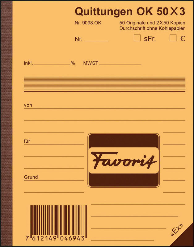 Favorit Formularblock – Quittungen, Deutsch, 50 Blatt, A6