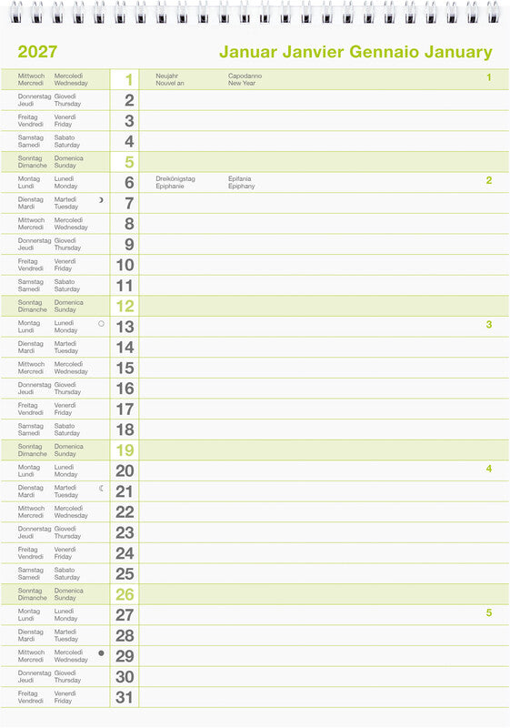 Biella Wandkalender – viersprachig d/f/i/gb – 2027 – Spiralbindung – 21 × 29,7 cm