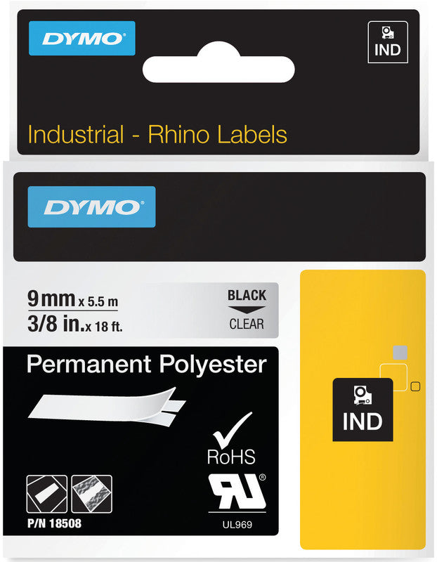 DYMO Schriftband – 9 mm × 5,5 m, transparent, schwarz – für DYMO Rhino: 3000, 4200, 5000 und weitere