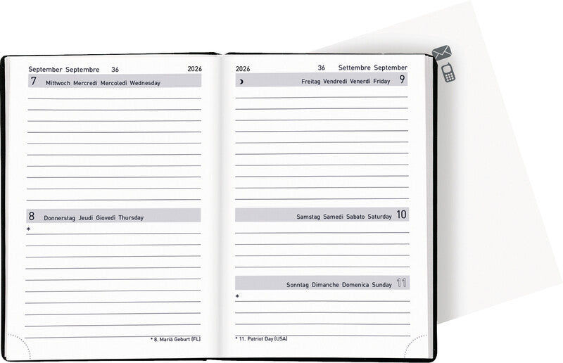Biella Tell Agenda – 2 Tage pro Seite, gebunden, 8,5 × 12,5 cm, 2026, schwarz, FSC