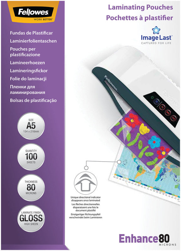 Fellowes Laminierfolien A5, glänzend – 80 µm, 154 × 216 mm, 100 Stk.