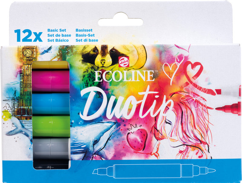 Ecoline Brush Pen Duotip – Keilspitze 6 mm, Rundspitze 1-2 mm – sortiert – 12er-Set – wasservermalbar