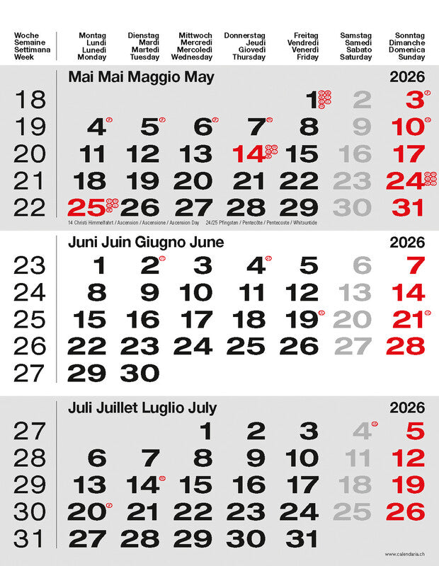 Calendaria 3-Monats-Kalender – 3 Monate pro Blatt – 2026 – Datumsschieber, Spiralbindung – 31 × 40 cm