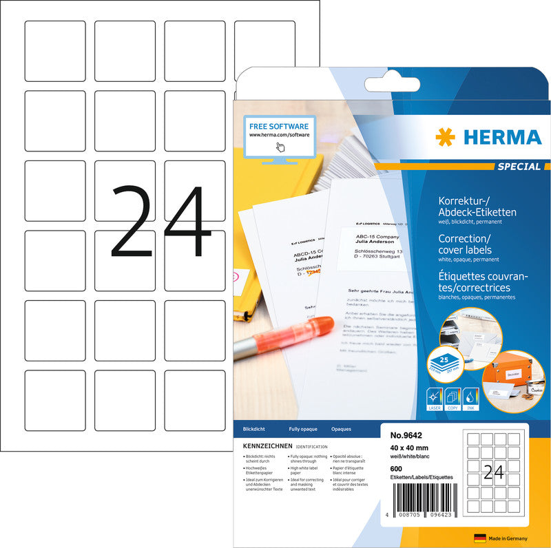 HERMA Etiketten, 40 mm × 40 mm, A4, weiss, Papier, permanent, 600 Etiketten (25 Blatt)