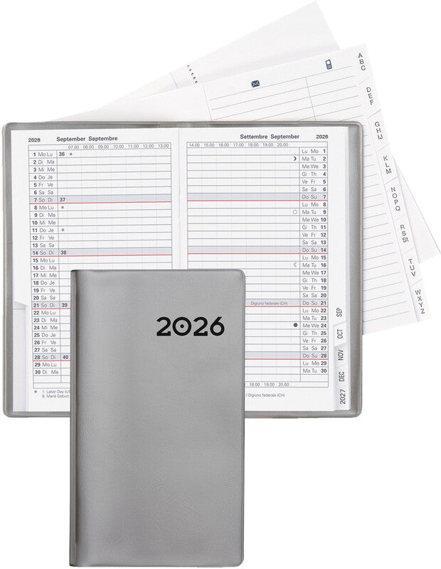 Biella Planer Paris Agenda – 1 Monat/2 Seiten, geheftet, 7,5 × 12,6 cm, 15 Monate Okt–Dez, silber, PEFC