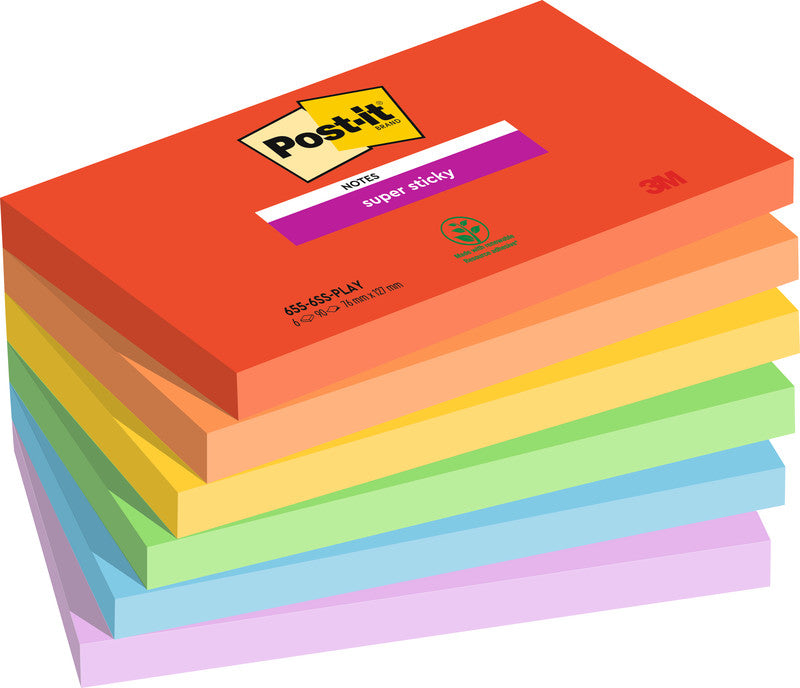 Post-it Super Sticky Haftnotizen – 127×76 mm – sortiert, 6×90 Blatt, PEFC