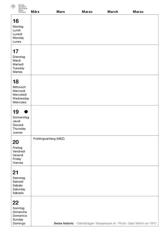 Calendaria Schweizer Foto-Almanach Agenda – 1 Woche pro Seite, Spiralbindung, A5, 2026, mehrsprachig, mehrfarbig