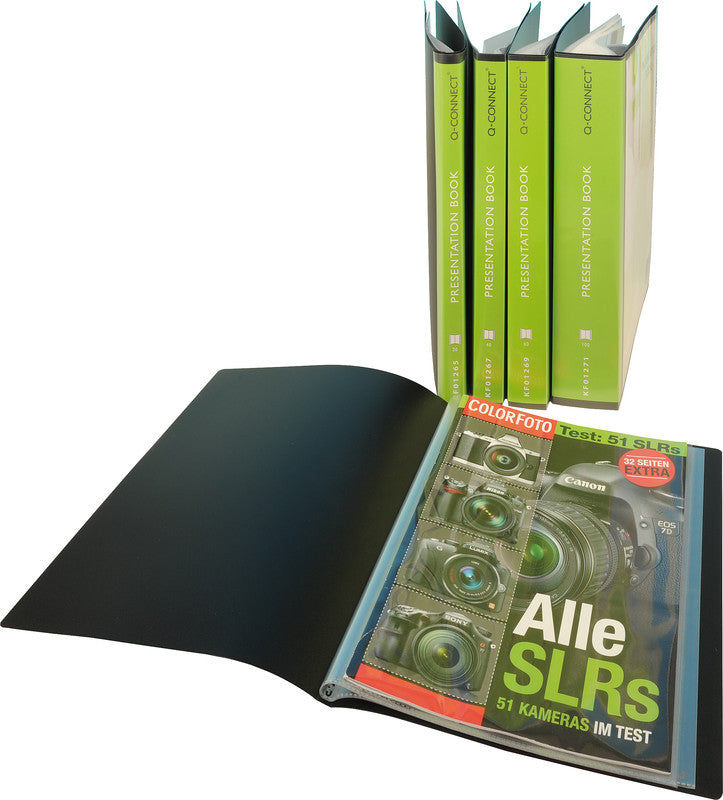 Q-CONNECT Sichtbuch – 10 Sichttaschen, A4, mit Fronttasche, genarbt, antireflex, schwarz, Kunststoff, 38 µm
