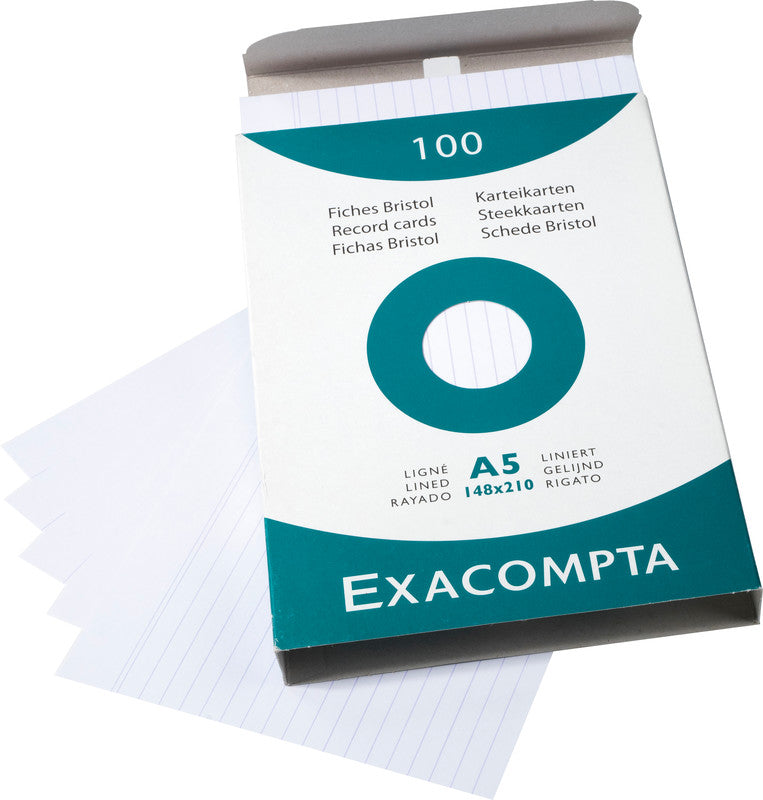 Exacompta Karteikarte A5 quer, liniert, weiss, 205 g/m², Karteikarton – 100 Stück