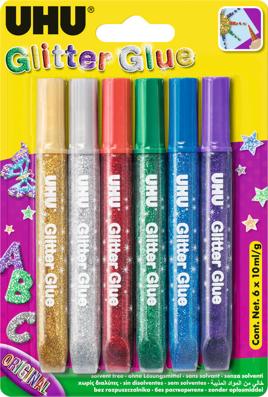 UHU Glitzerkleber – farbig sortiert – Set 6 × 10 ml – auswaschbar, lösungsmittelfrei – zum Basteln