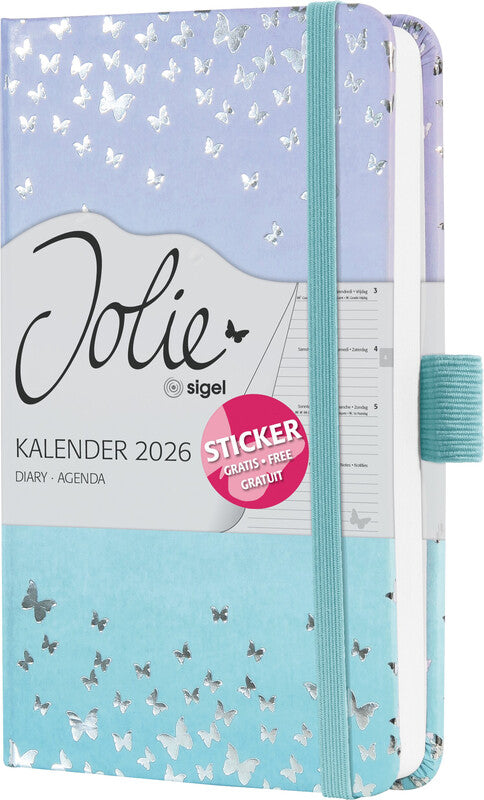 Sigel JOLIE Agenda – 1 Woche/2 Seiten, gebunden, A6, 2026, mehrsprachig, Butterfly Confetti Sky, FSC