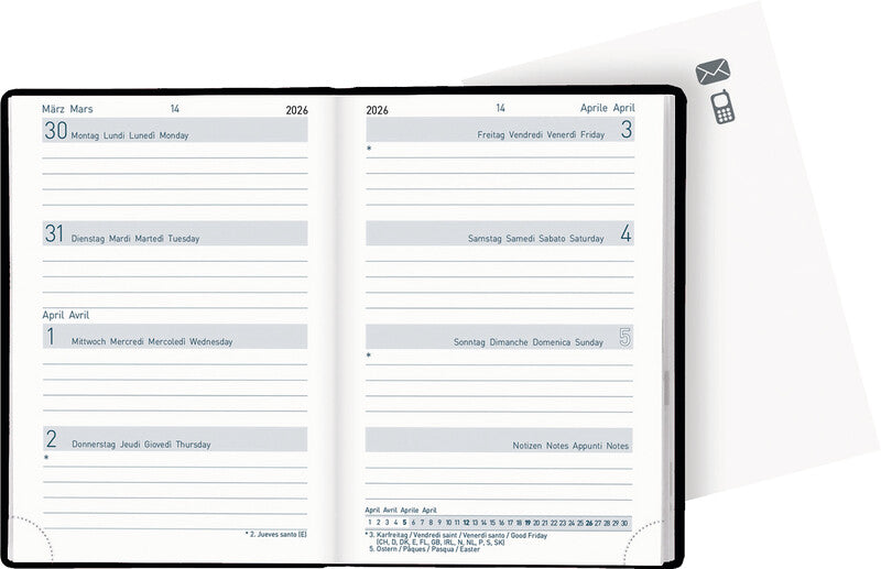 Biella Taschenagenda – 1 Woche/2 Seiten, gebunden, 7,6 × 11,0 cm, Jan–Dez, mehrsprachig, schwarz, FSC