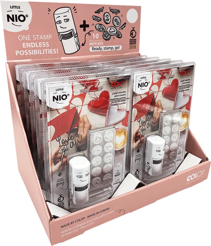 Colop Little NIO Rundstempel – Liebe, selbstfärbend, 10 Motive, Ø 17 mm, grau, englisch