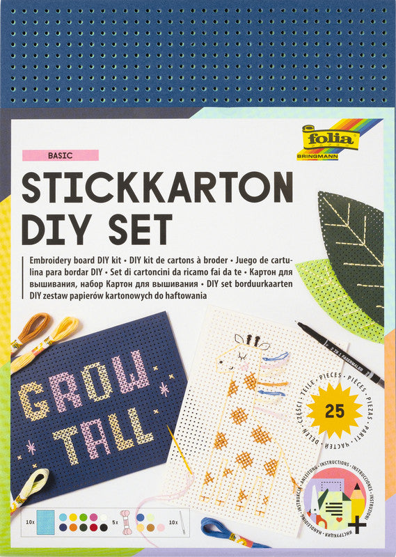 Folia Stickkarton-Set – 10 Kartons, 5 Stickgarne je 8 m, 10 Sticknadeln – 175 × 245 mm