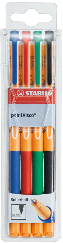 STABILO pointVisco Gelschreiber 4er Etui – 4 Farben, 0,5 mm, schnelltrocknend, Kappe