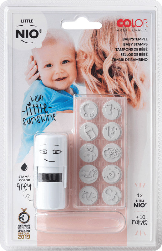 Colop Little NIO Rundstempel – Baby, selbstfärbend, 10 Motive, Ø 17 mm, Kissen grau
