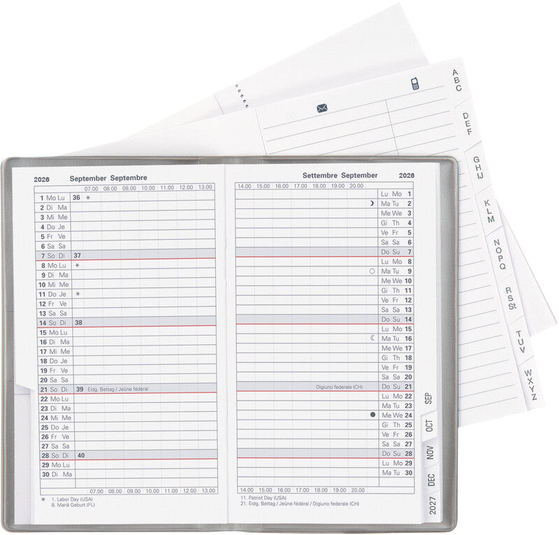 Biella Planer Paris Agenda – 1 Monat/2 Seiten, geheftet, 7,5 × 12,6 cm, 15 Monate Okt–Dez, silber, PEFC