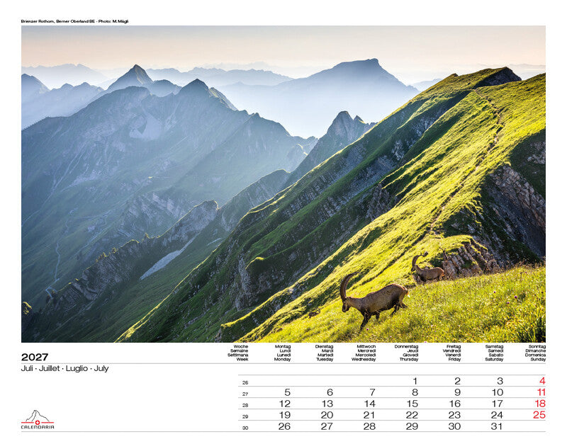 Calendaria Bildkalender Schweiz 2027 – 40 × 31 cm – Kalendarium d/f/i/e