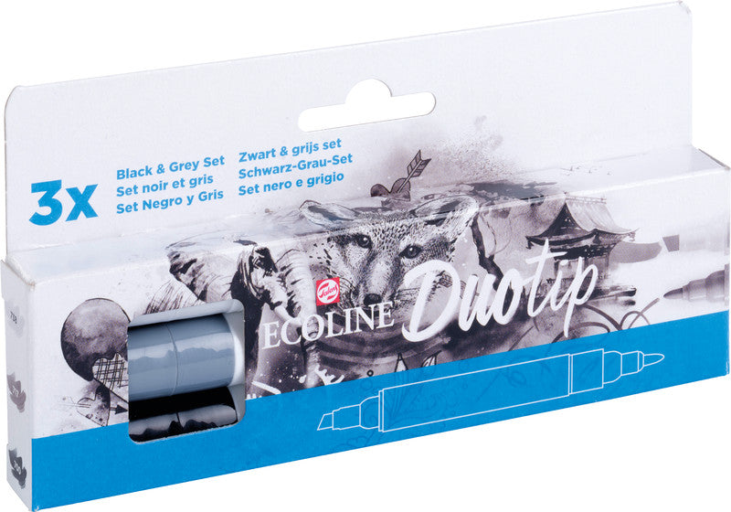 Ecoline Brush Pen Duotip – Keilspitze 6 mm, Rundspitze 1-2 mm – sortiert – 3er-Set – wasservermalbar
