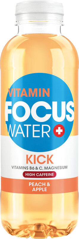 Focus Water Vitaminwasser Kick, Pfirsich & Apfel, koffeinhaltig – 12 × 5 dl