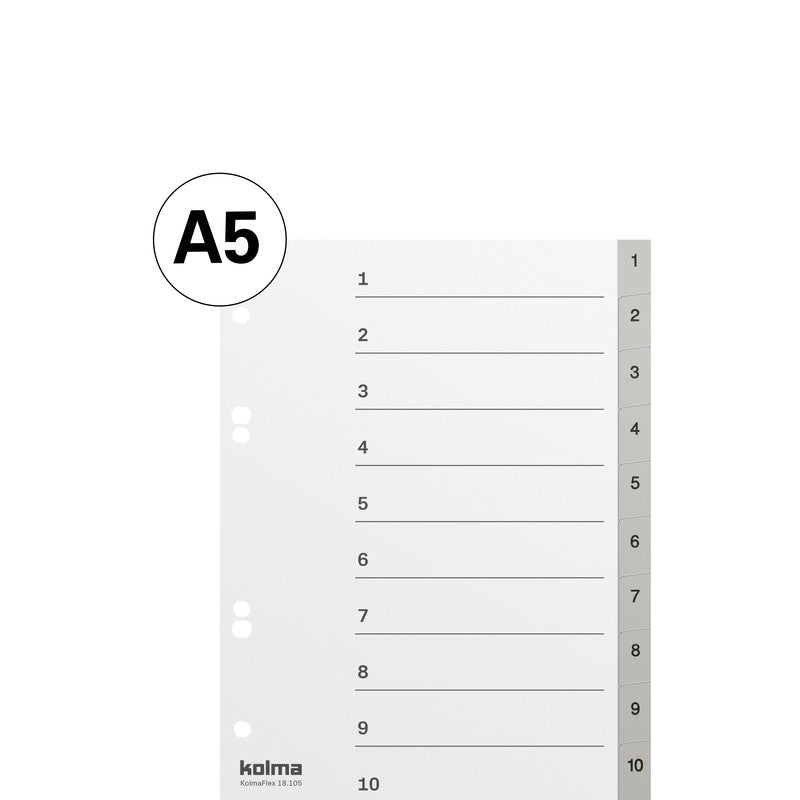 Kolma Register – 10-teilig, PP, grau, vorgedruckt, mit Indexblatt, 2-fach gelocht, für Formate bis A5