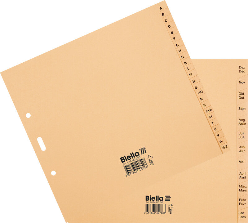 Biella Register – teildeckend, 12-teilig, Papier, braun, vorgedruckt, 2-fach gelocht, für A4 hoch