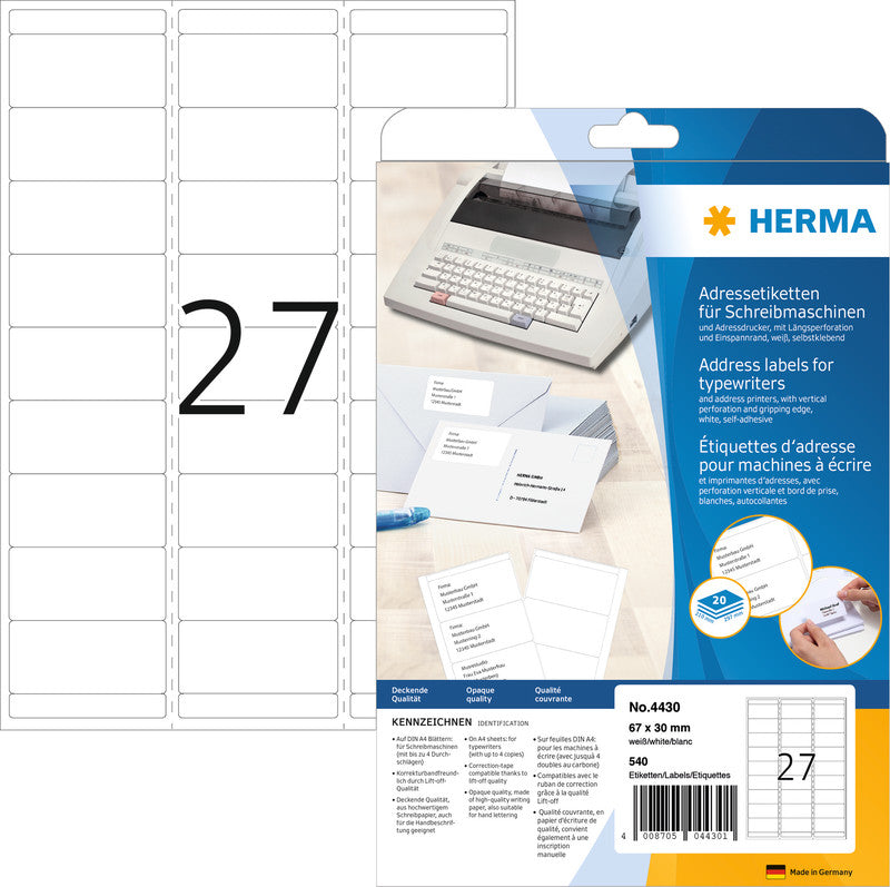 HERMA Adressetiketten, 70 × 42 mm – für Schreibmaschinen, bis 4 Durchschläge – 420er-Pack