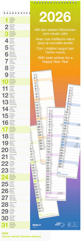 Biella Wandkalender Longus – viersprachig d/f/i/gb – 2026 – Spiralbindung – 12 × 54,5 cm