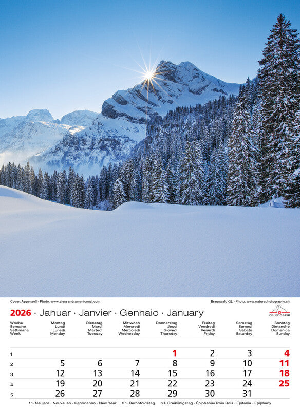 Calendaria Bildkalender Swiss Souvenir 2026 – 23 × 31,5 cm – mit Aufhänger