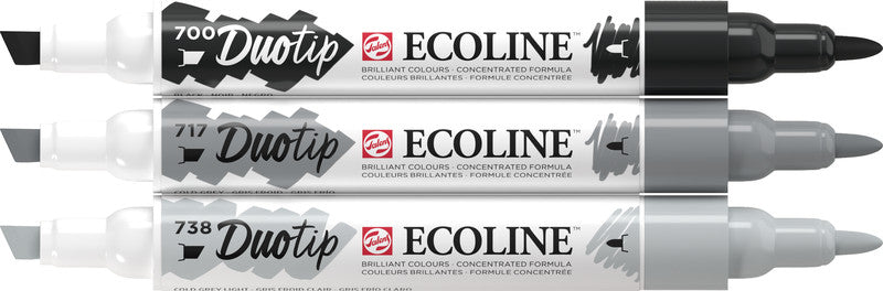Ecoline Brush Pen Duotip – Keilspitze 6 mm, Rundspitze 1-2 mm – sortiert – 3er-Set – wasservermalbar