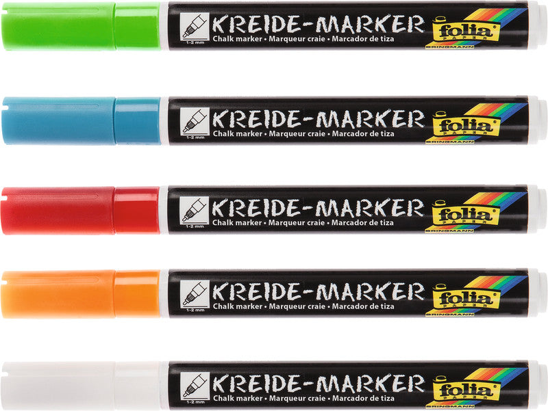 Folia Kreidemarker – Rund, 1–2 mm – 5er-Set, Farben sortiert (weiss, orange, rot …)