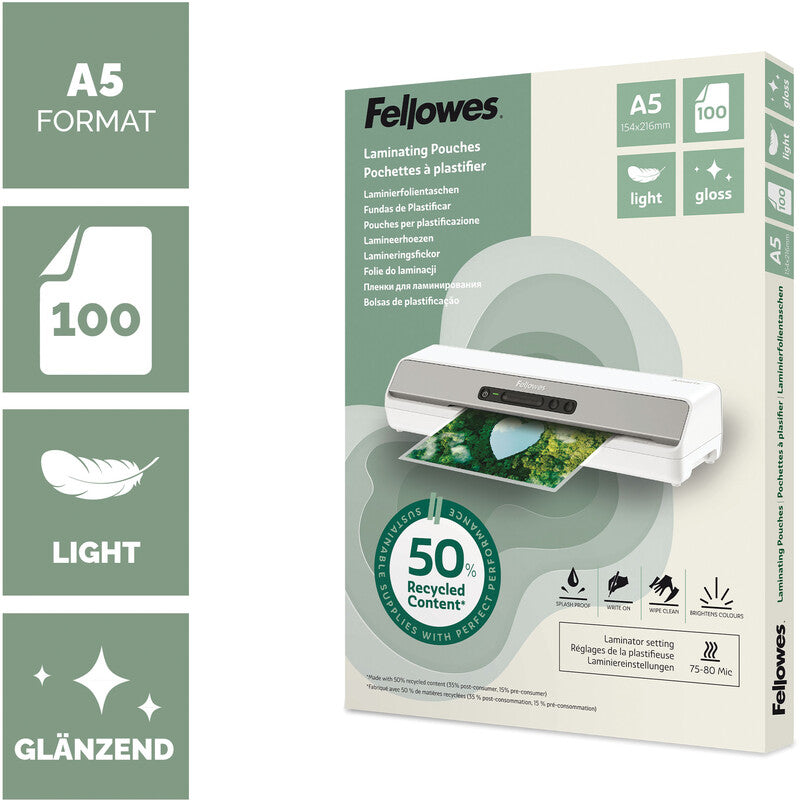 Fellowes Laminierfolien A5 – 80 µm, glänzend, 100 Stück