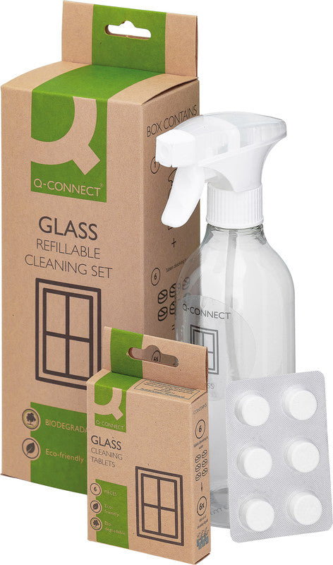 Q-Connect – Glasreiniger Starterset – Flasche 500 ml + 6 Tabs