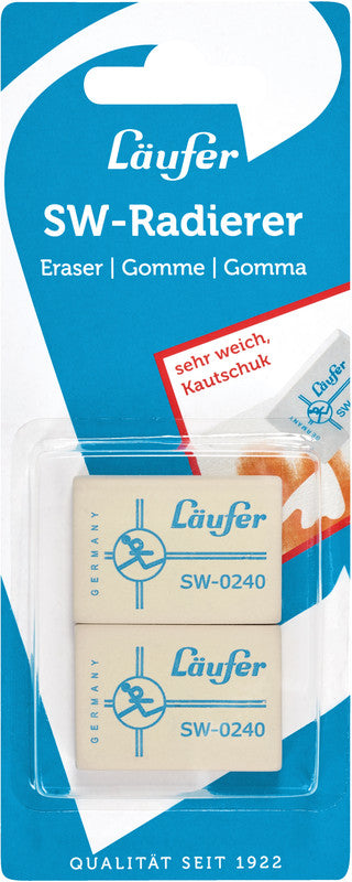 Läufer Radierer – für Bleistifte und Farbstifte – 40 × 7,5 × 28 mm – Kautschuk – weiss – 2er-Pack