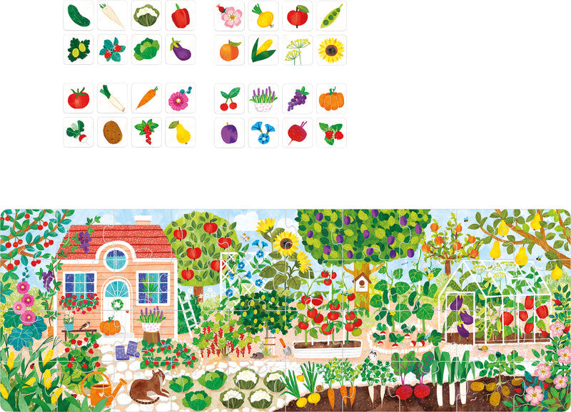 Banana panda Lernspiel – Puzzle + Garten, 40 Puzzleteile, 32 Bildkarten, Lernposter, ab 4 Jahren