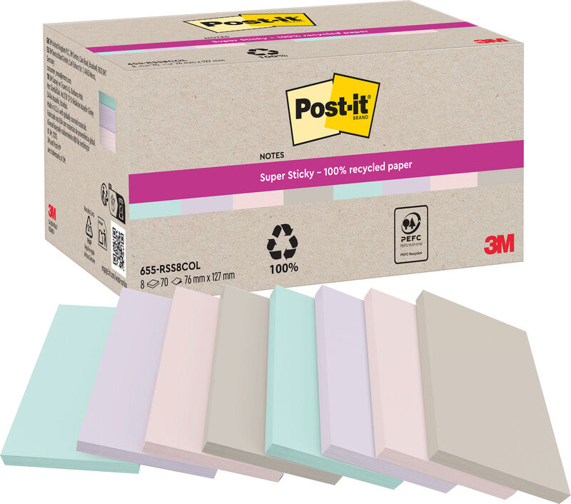 Post-it Haftnotizen Super Sticky – 127×76 mm – sortiert, 8×70 Blatt, PEFC
