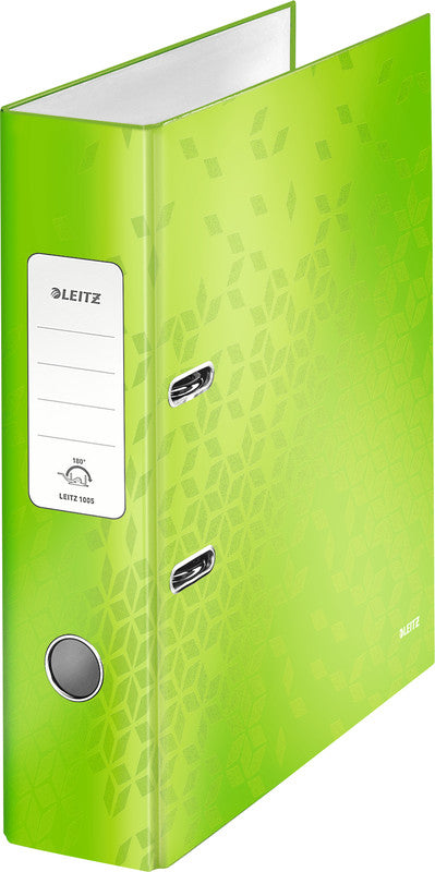 Leitz Ordner – A4 hoch – 2-Ring Hebelmechanik, Rücken 80 mm – grün, mit Niederhalter, mit Griffloch, FSC
