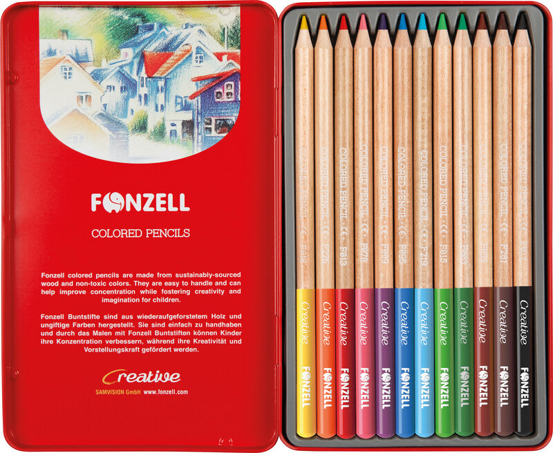 Fonzell Creative Farbstifte-Set – 12 Farben, rund, Mine Ø 3,3 mm, Metallschachtel