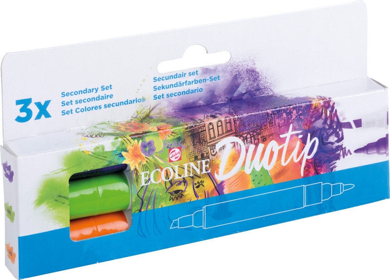 Ecoline Brush Pen Duotip – Keilspitze 6 mm, Rundspitze 1-2 mm – 3er-Set – sortiert – wasservermalbar