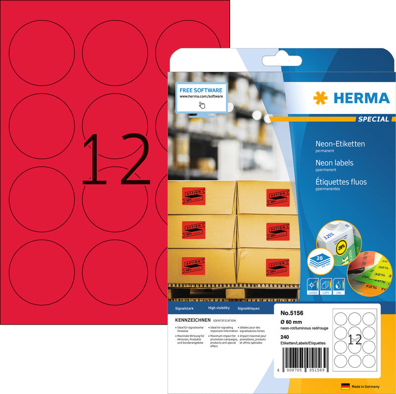 HERMA Druckeretiketten, Ø 60 mm, neonrot, Papier, permanent, 240 Etiketten (20 Blatt)