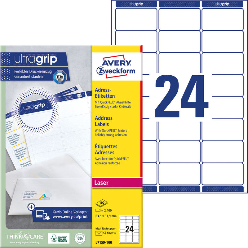 Avery Zweckform – Adressetiketten, 64 mm × 34 mm, weiss, Papier, permanent, 100 Blätter (2'400 Etiketten)