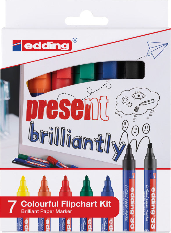Edding Flipchart-Marker Brilliant Paper 30/33 – Rundspitze, Keilspitze – Sortiert – 7er-Set – Nachfüllbar