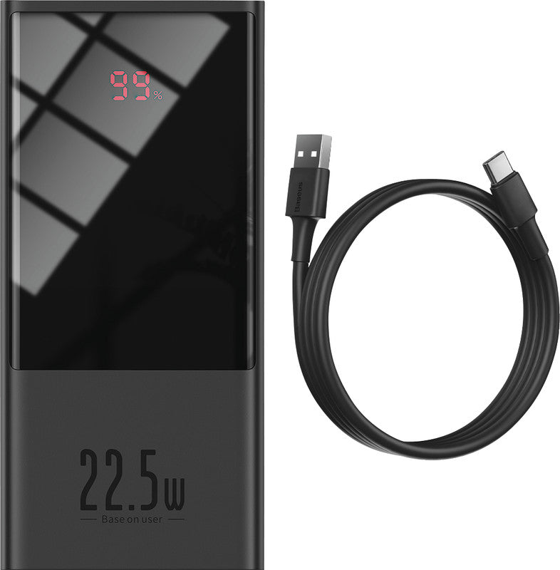 Baseus Powerbank 20000 mAh, 1× USB-A, 1× USB-C, mit Batterieladeanzeige, für Smartphones, Tablets, Schwarz