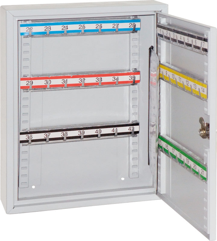 Rieffel Schlüsselkasten VT-SK 2042, 42 Haken, Zylinderschloss, Stahl, grau – B 270 × H 350 × T 80 mm
