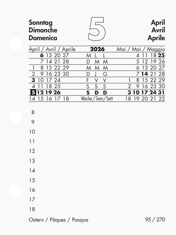 Biella Kalender-Einlage – 1 Tag/Seite, Spezial (70/38 mm), 8 × 10,8 cm, 2026