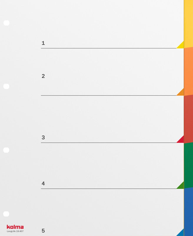 Kolma Register – A4, 5-teilig, PVC, farbig, unbedruckt, mit Indexblatt, 4-fach Lochung, für Zeigebuchtaschen