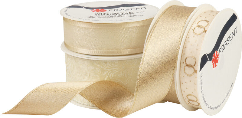 Präsent Geschenkband – Hochzeit, Creme – Kunststoff – 9 × 15 mm × 4 m, 12 × 25 mm × 3 m, 12 × 40 mm × 2 m